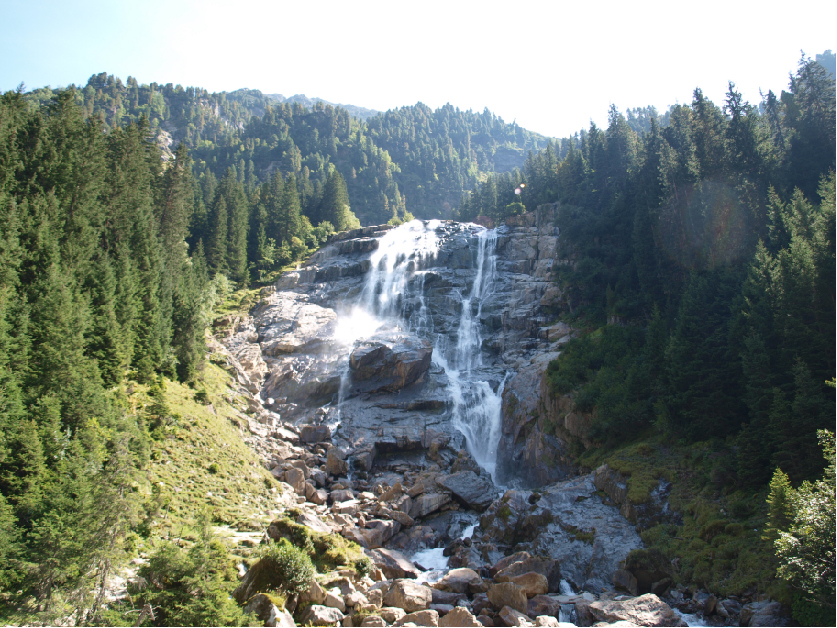 Wildbach, Wasserfall, gesäumt von Bäumen.